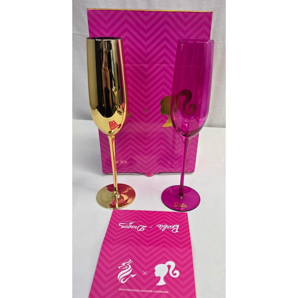 Barbie x Dragon Glassware Champagne Flutes Set of 2 Gold and Pink LimitedEdition - Picture 3 of 16